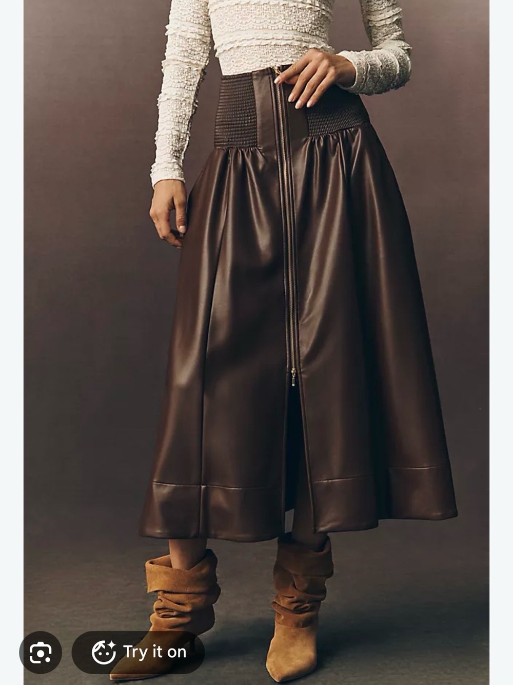 Anthropologie Brown Faux-Leather Midi Skirt with Front Zip